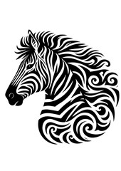 A zebra head is depicted with swirling stripes in a graphic design