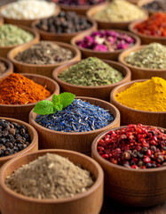Fototapeta premium A collection of vibrant Armenian spices and herbs, such as sumac or mint, arranged in small, rustic wooden bowls.