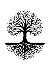 A black and white illustration of a tree with roots isolated on white background