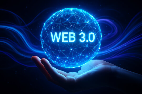 Futuristic hand holding glowing web 3.0 globe with connected lines showing blockchain decentralized platform and advanced digital infrastructure technology for internet evolution