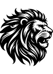 A monochrome lion head roars fiercely, displaying its powerful mane