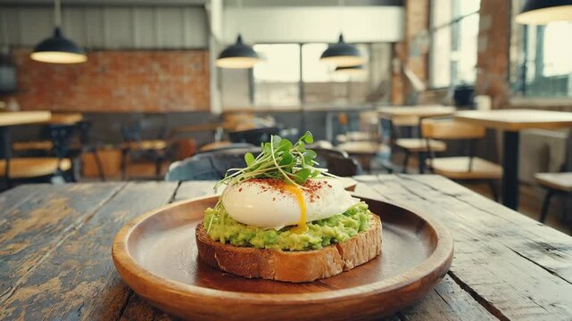 Healthy Avocado Toast With Poached Egg Served in Modern Brunch Cafe
