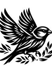 A sparrow perched on a branch isolated on white background