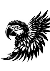 An eagle in flight with powerful wings and sharp features