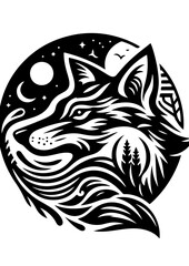 A wolf howling at the moon in a forest landscape silhouette