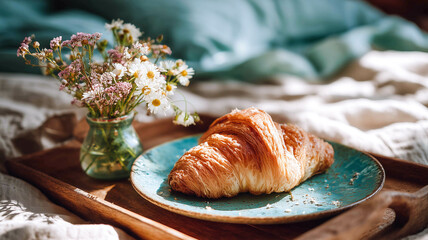Elegant croissant on teal plate with wildflowers in small vase on wooden tray