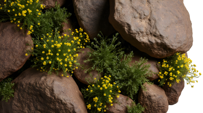 Close-up of textured brown rocks intertwined with vibrant green foliage and small yellow wildflowers, showcasing natural textures and organic beauty in a detailed macro shot