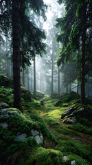 Obraz premium enchanting scandinavian forest scene with towering evergreens and lush green moss carpeting the forest floor soft diffused light creates a mystical atmosphere