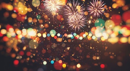 Obraz premium Sparkling Fireworks Display Over Colorful Bokeh Background for Festive Celebrations