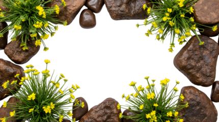 Nature's vibrant tapestry Blooming yellow flowers cascade around smooth, dark river stones, creating a serene and natural border on a crisp white background
