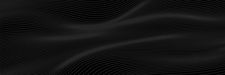 Black abstract background design. Modern wavy line pattern (guilloche curves) in monochrome colors. Premium stripe texture for banner, business backdrop. Dark horizontal vector template