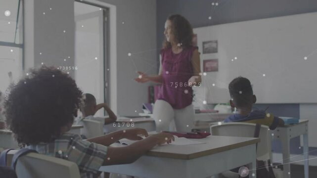 Teacher asking question in class with digital overlay highlighting student raising hand to answer