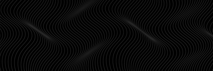 Black abstract background design. Modern wavy line pattern (guilloche curves) in monochrome colors. Premium stripe texture for banner, business backdrop. Dark horizontal vector template