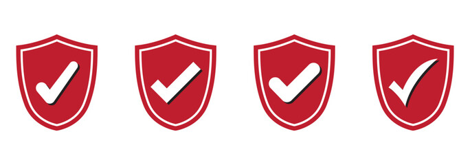 Set of security shield icons, security shields logotypes with check mark and padlock. Access approved symbol. Safety insignia. Vector illustration.