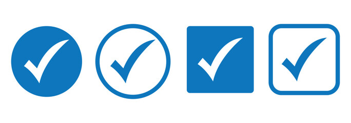 Checkmark icon set, approved symbol, checked checkbox mark, editable line stroke. Vector illustration