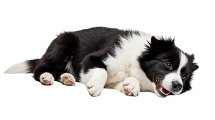 A cute black and white border collie dog lying down on a white background, appearing happy and relaxed with its mouth open
