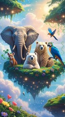 A peaceful island where elephants, tigers, lions, and crocodiles live together in harmony.