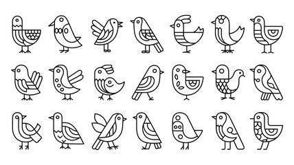 25 whimsical bird illustrations, arranged in 5 neat rows, colorful, playful, on clean white background