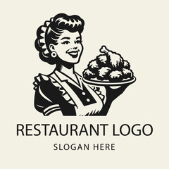 Black and white flat vector logo of a smiling waitress holding a tray with fried chicken. Clean and minimal restaurant-themed design.