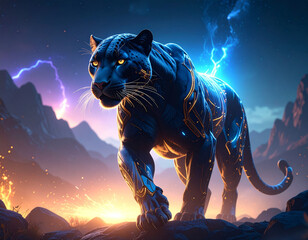 Epic and artistic 3d illustration of panther in cinematic adventure- majestic wildlif 
