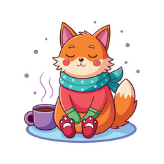Sleepy Cat Relaxing with Hot Drink and Fluffy Slippers. Cozy Feline Vector Illustration on White Background for Cute, Comfy, and Lazy Day Designs.