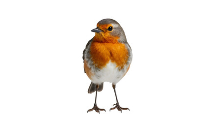 Fototapeta premium A charismatic European Robin displaying its distinctive orange-red breast, elegant posture, and detailed plumage, captured perfectly against a bright white background