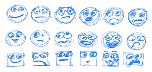 Set different hand draw emotional faces, hand draw