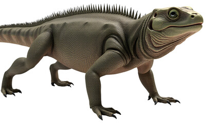 Fototapeta premium Highly detailed 3D render of a formidable reptile, resembling a large lizard or ancient creature, showcasing intricate scales and a powerful stance, isolated on a white background