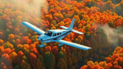 Light single-engine aircraft flying over a vibrant autumn forest, surrounded by colorful orange, red, and yellow foliage under clear daylight. - Powered by Adobe