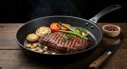 Steak with grilled lemon and asparagus in a cast iron pan on a wooden board on a wooden table