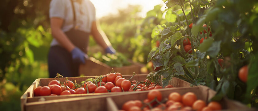 AI generator images of Tomato Farmer ,Farmer holding wooden crates filled with freshly harvested vegetables against a background of a vast field. Farm Root Veggies: Fresh, Naturally Grown Vegetables