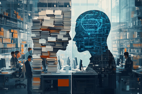 digital artwork featuring a humanoid robot sitting at a desk with a laptop. The robot has a sleek, metallic design with a white and silver color scheme, and its face is expressionless with glowing blu