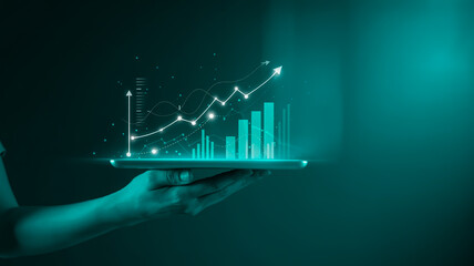 A digital illustration of a hand holding a glowing tablet device against a deep teal gradient background.