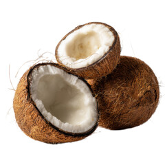 Three coconuts with one of them cut open