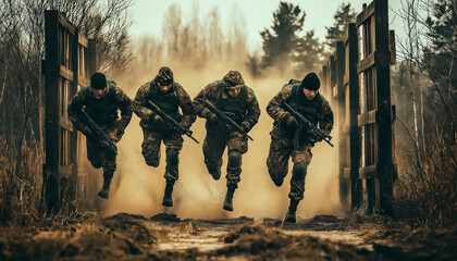 AI generator images of Soldiers are training ,command rangers during the military operation, Military soldiers training together during military training