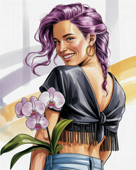 A digital illustration of a woman with flowing purple hair styled in loose waves and a side braid.