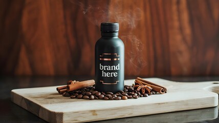 Matte black espresso shot bottle with coffee beans and spices on wooden board – Great for beverage branding, cafe promotions, or luxury product packaging