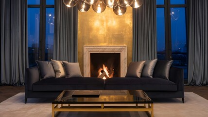 Elegant living room with velvet sofa and marble fireplace at twilight – Perfect for luxury decor campaigns, interior styling blogs, or real estate visuals.