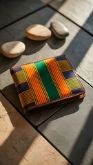 Men’s wallet with African kente fabric and leather on stone tiles – Suitable for artisanal lifestyle brands, fashion editorials, or cultural product features