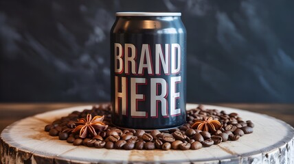 Nitro cold brew coffee can with roasted beans and star anise on wooden board – Great for coffee advertising, beverage branding, or rustic product mockups