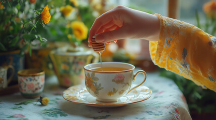 AI generated images of A cup of tea is placed on the table along with tea leaves and other teas. Brewing tea with honey