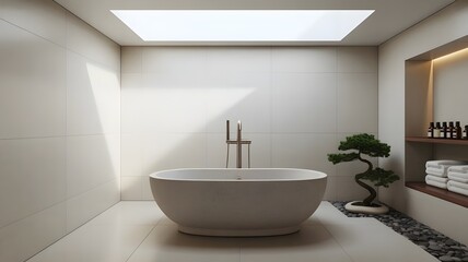 Spa bathroom with gray stone tub, skylight, and zen garden
