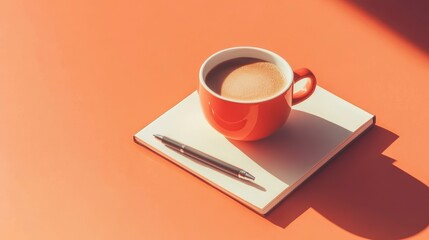 Red mug of coffee on notepad with pen,  sunlight casts shadows on coral background.