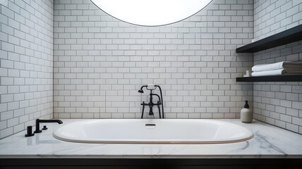 High-contrast bathroom with freestanding tub and skylight