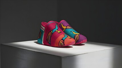 Bold Andean-inspired sneakers on minimalist pedestal – Great for fashion lookbooks, cultural design showcases, or artisan streetwear themes