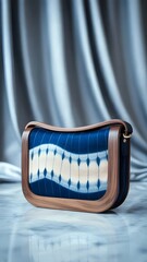 Crossbody purse with indigo shibori pattern and wood trim on marble – Ideal for luxury fashion content, modern accessory promotion, or textile design portfolios