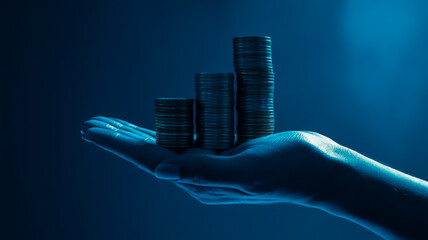 A dramatic photograph of a hand holding stacks of coins against a deep blue background