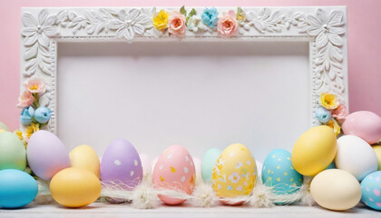 Decorative Easter Eggs Arranged by a Floral Frame on a Pink Background