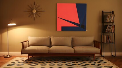 Mid-century modern living room with teak sofa and sunburst clock