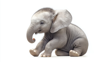 Fototapeta premium AI generator images of baby elephant standing on a white background ,charming baby elephant sits on a white surface, its trunk curled and large ears spread, looking directly at the viewer.